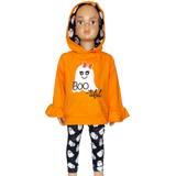 Girls Black & Orange Halloween Ghost Ruffle hoodie and Leggings Outfit