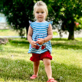 Girls Blue Stripped Back to School Apple Top with Red Ruffle Shorts