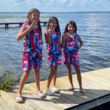AnnLoren Girls Boys Red White & Blue Tie Dye Hoodie Tank and Shorts Set 4th of July