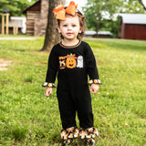 AnnLoren Baby Girls Black & Orange Pumpkin Boo Halloween Autumn Holiday Romper