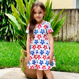 Girls 4th of July Patriotic Stars Red White & Blue Short Sleeve Swing Dress