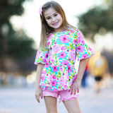 AnnLoren Little & Big Girls 3/4 Angel Sleeve Spring Floral Cotton Knit Ruffle Shirt