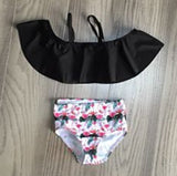 AL Limited Girls 2 piece Black Ruffle Top Pink Flamingos Bikini bathing suit