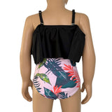 Girls 2 piece Black Ruffle Pink Tropical Bikini bathing suit