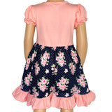 Girls Pink & Blue Floral Bouquet Short Sleeve ruffle Party Dress