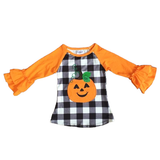 Girls Halloween Autumn Orange Pumpkin Jack O Lantern Top Ruffle Shirt
