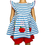 Girls Blue Stripped Back to School Apple Top with Red Ruffle Shorts