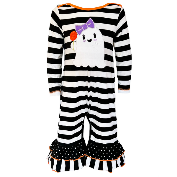 AnnLoren Baby Girls Friendly Ghost Halloween Striped Cotton Romper