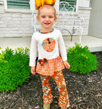 Big Girls Orange Pumpkin Autumn Floral Thanksgiving Tunic & Ruffle Pants Outfit