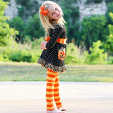 AnnLoren Girls' Halloween Orange Pumpkin Polka Dot Dress & Leggings Outfit