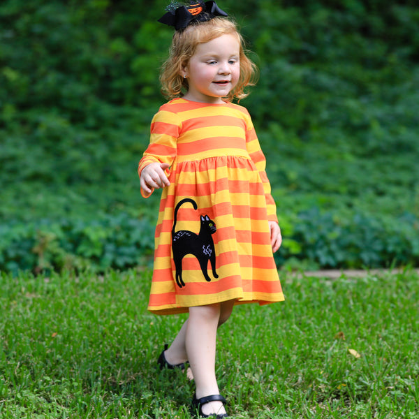 AnnLoren Girls' Halloween Orange Pumpkin and Black Cat Dress & Legging
