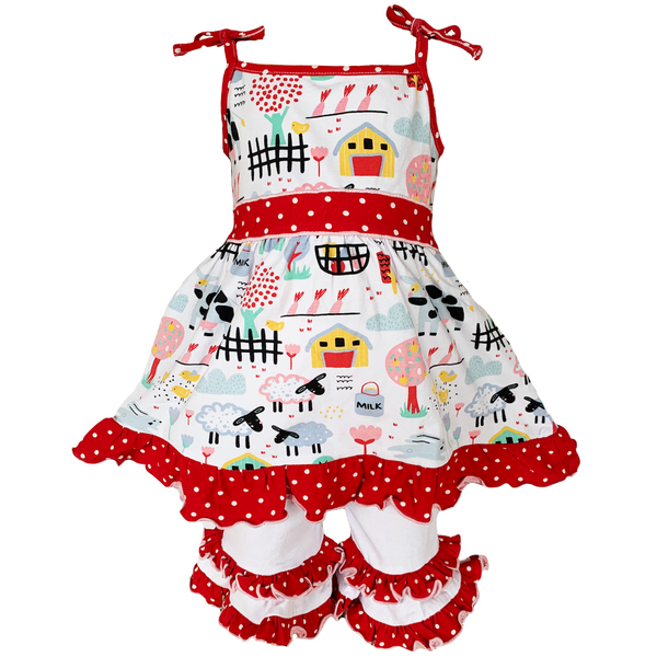 AnnLoren Little & Big Girls Farm Animals Dress and Capri Ruffle Leggings Outfit