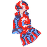 AnnLoren Girls Boys Red White & Blue Tie Dye Hoodie Tank and Shorts Set 4th of July
