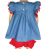 Girls Blue Chambray Apple top with Red polka Dot Ruffle Shorts Back to School