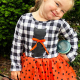 Girls Halloween Dress with Black Cat and Orange & Black Polka Dot Tulle
