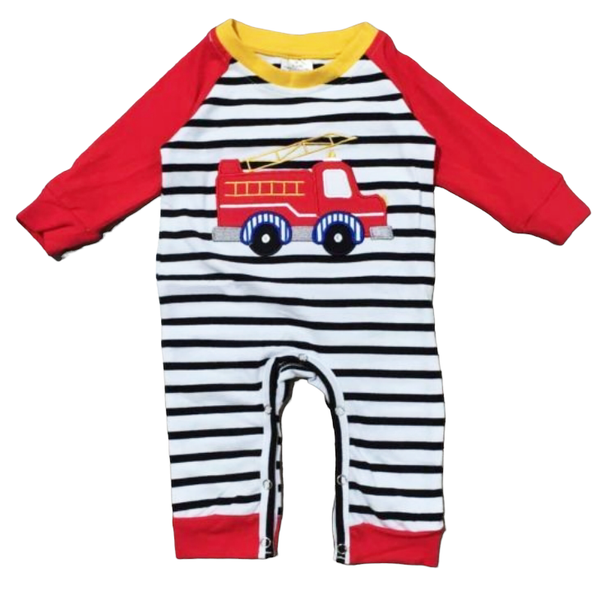 Baby Boys Red Firetruck Long sleep Striped Romper Toddler Jumpsuit