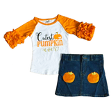 Girls Cutest Pumpkin T-Shirt and Jean Skirt Fall Thanksgiving