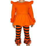 Girls Black & Orange Blank Orange Ruffle Tunic Stripe Pants Halloween