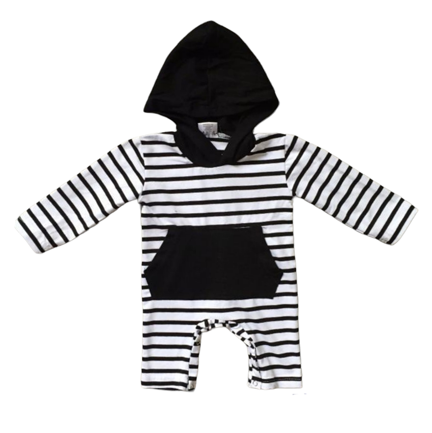 Baby Boys Black White Striped Hoodie Romper Cotton Long Sleeve