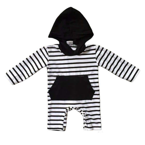 Baby Boys Black & White Striped Hoodie Romper Cotton Long Sleeve