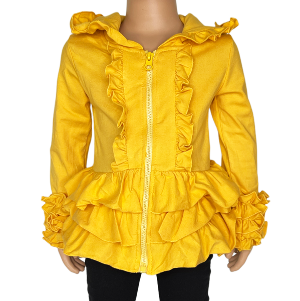 Girls Mustard Yellow Ruffle Hoodie Zipper Jacket Camp School