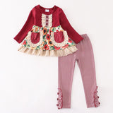Girls Boutique Holiday Outfit Burgundy Ruffle Tunic & Striped Leggings