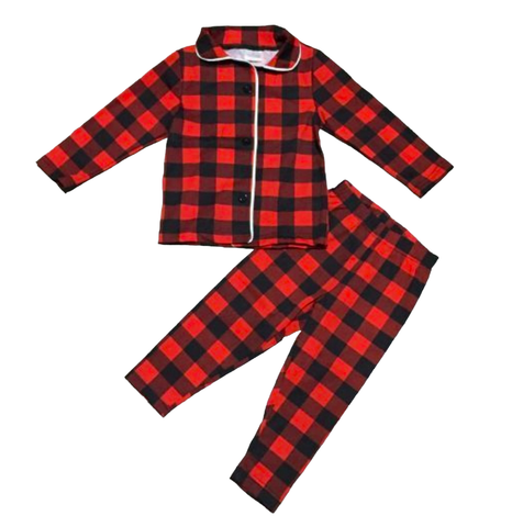 Unisex Red & Black Plaid  2 piece Pajamas