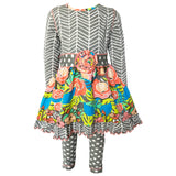 AnnLoren Girls Winter Herringbone Floral Polka Dot Dress & Legging Clothing Outfit Set sz 9/10