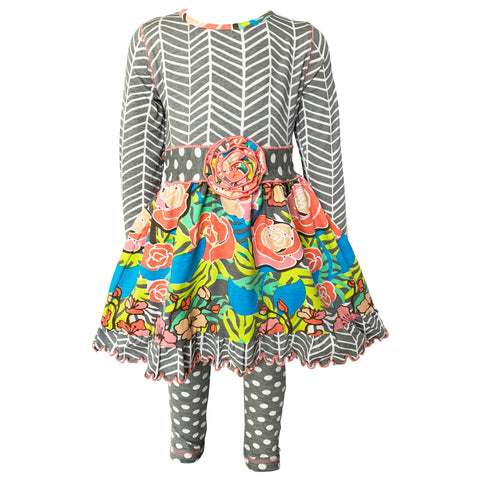 AnnLoren Girls Winter Herringbone Floral Polka Dot Dress & Legging Clothing Outfit Set sz 9/10