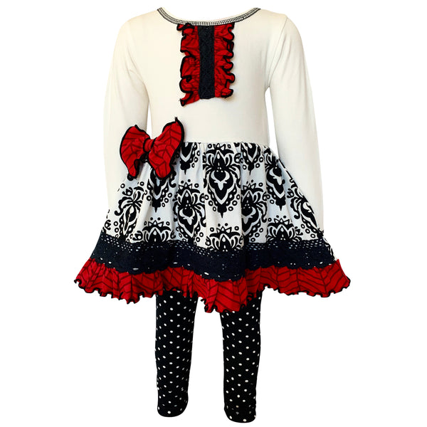 AnnLoren Girls Winter Damask Holiday Polka Dot Herringbone Dress Tunic & Leggings Set