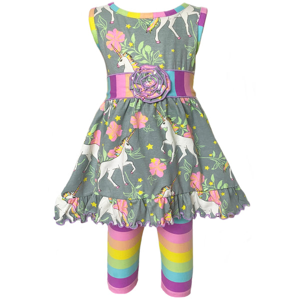 AnnLoren Big Girls Unicorns Rainbow Dress Leggings Boutique Clothing Set