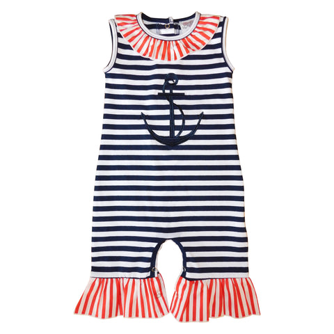 AnnLoren Baby Girls Summer Nautical Anchor Sailor Boutique Romper