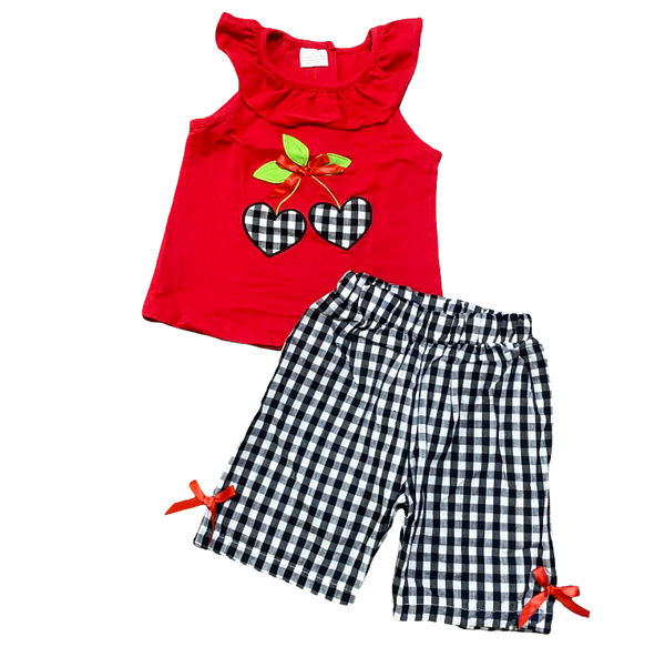 Girls Red Cherry Ruffled Tunic and Gingham Woven Shorts Outfit
