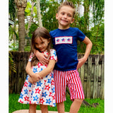 Boys 4th of July American Flag Blue T shirt & Red Striped Shorts
