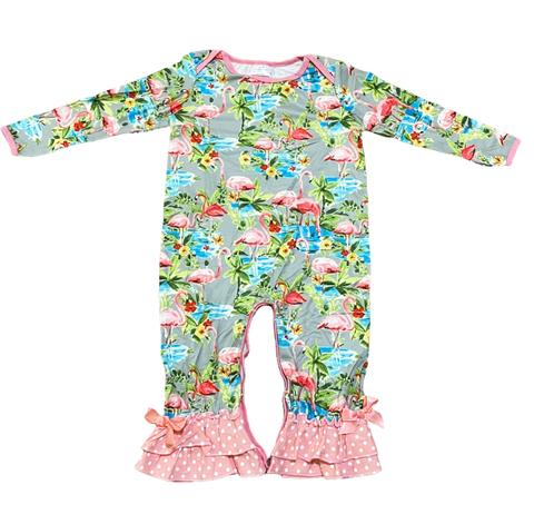 Pink Flamingo Floral Baby Girls Long Sleeve Soft Romper