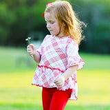 AnnLoren Little & Big Girls 3/4 Angel Sleeve Red Plaid Cotton Knit Ruffle Shirt