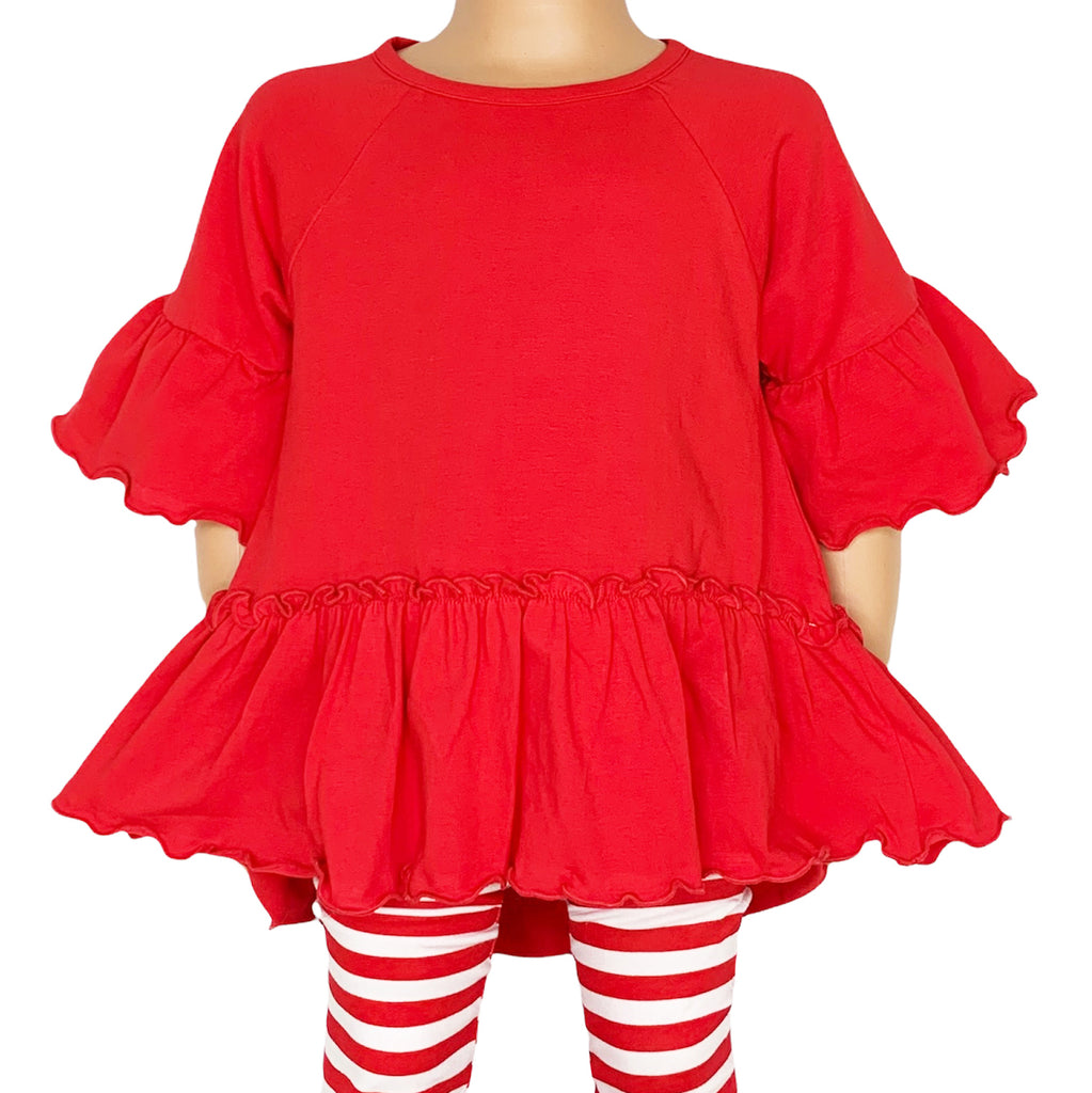 AnnLoren Little & Big Girls 3/4 Angel Sleeve Red Cotton Knit Ruffle Sh