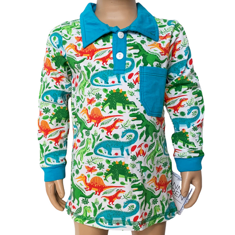 AnnLoren Toddler & Big Boys Long Sleeve Polo Shirt with Pocket Dinosaur Print