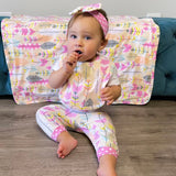 AnnLoren Baby Toddler Girls Feather Blanket & Bib Gift Set 2 pc Knit Cotton
