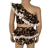 Girls 2 piece 1 Shoulder Leopard Ruffle Bikini bathing suit Beach Wear