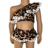 Girls 2 piece 1 Shoulder Leopard Ruffle Bikini bathing suit Beach Wear