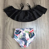 Girls 2 piece Black Ruffle Pink Tropical Bikini bathing suit