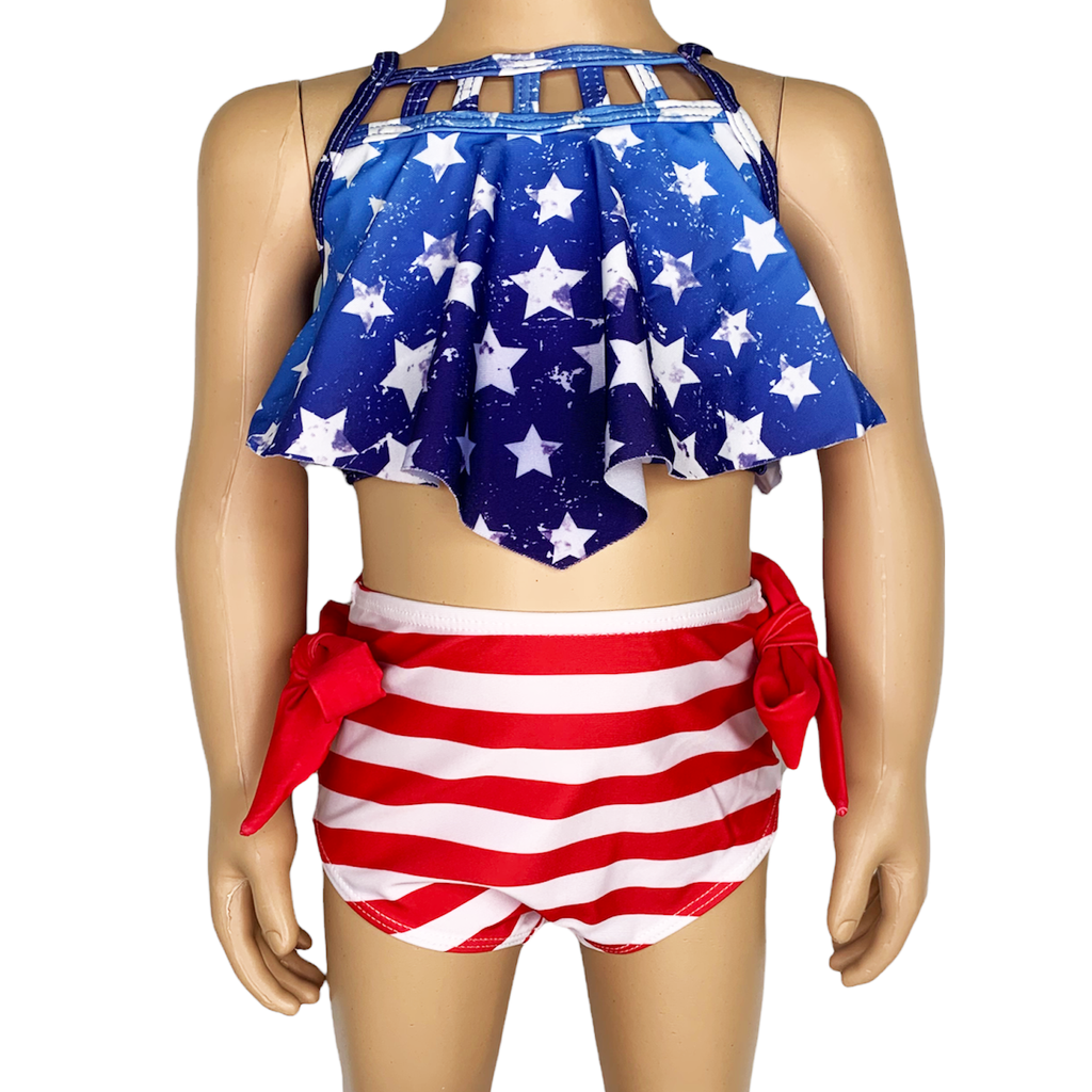 Girls 2 pc Patriotic Red White Blue Stars Stripes Tankini Swimsuit