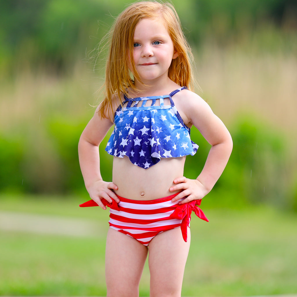Girls pc Patriotic Red White Blue Stars Stripes Tankini Swimsuit 4th of July