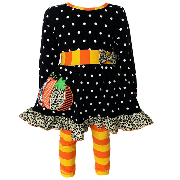 AnnLoren Girls Autumn Black Polka Dot Orange Pumpkin Dress & Leggings Outfit