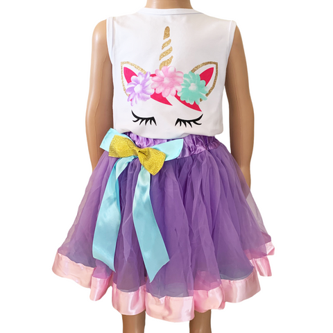 Girls Unicorn Tank Top and  Purple Tulle Skirt Spring Outfit Set