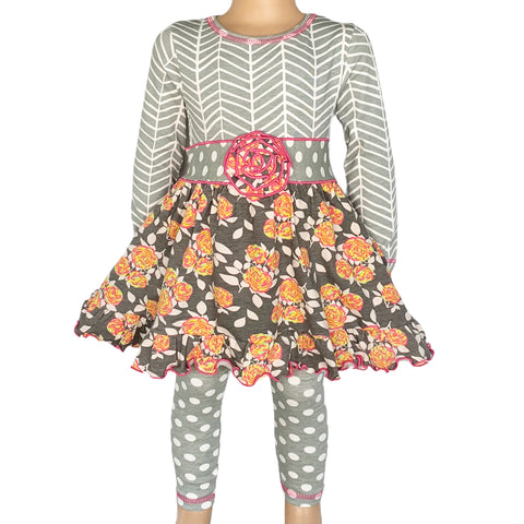 AnnLoren Boutique Grey Shabby Floral & Herringbone Dress & Polka Dot Leggings