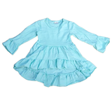 Girls Turquoise Cotton Knit Ruffle High Low Shirt 3/4 Sleeve
