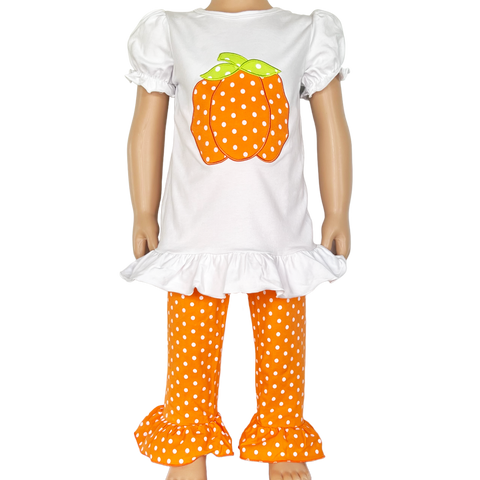 Girls Orange Pumpkin T-Shirt and Polka Dot Pants Fall Thanksgiving