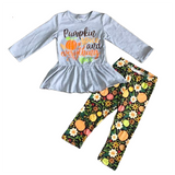 Girls Grey Long Sleeve T-shirt and Floral Leggings Fall Thanksgiving